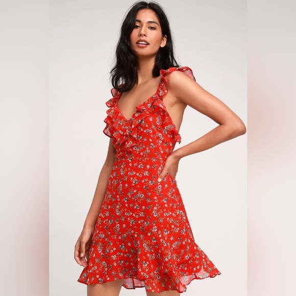 Lulu’s Spring Dream Red Ruffle Floral Skater Dress - XL - Picture 1 of 4